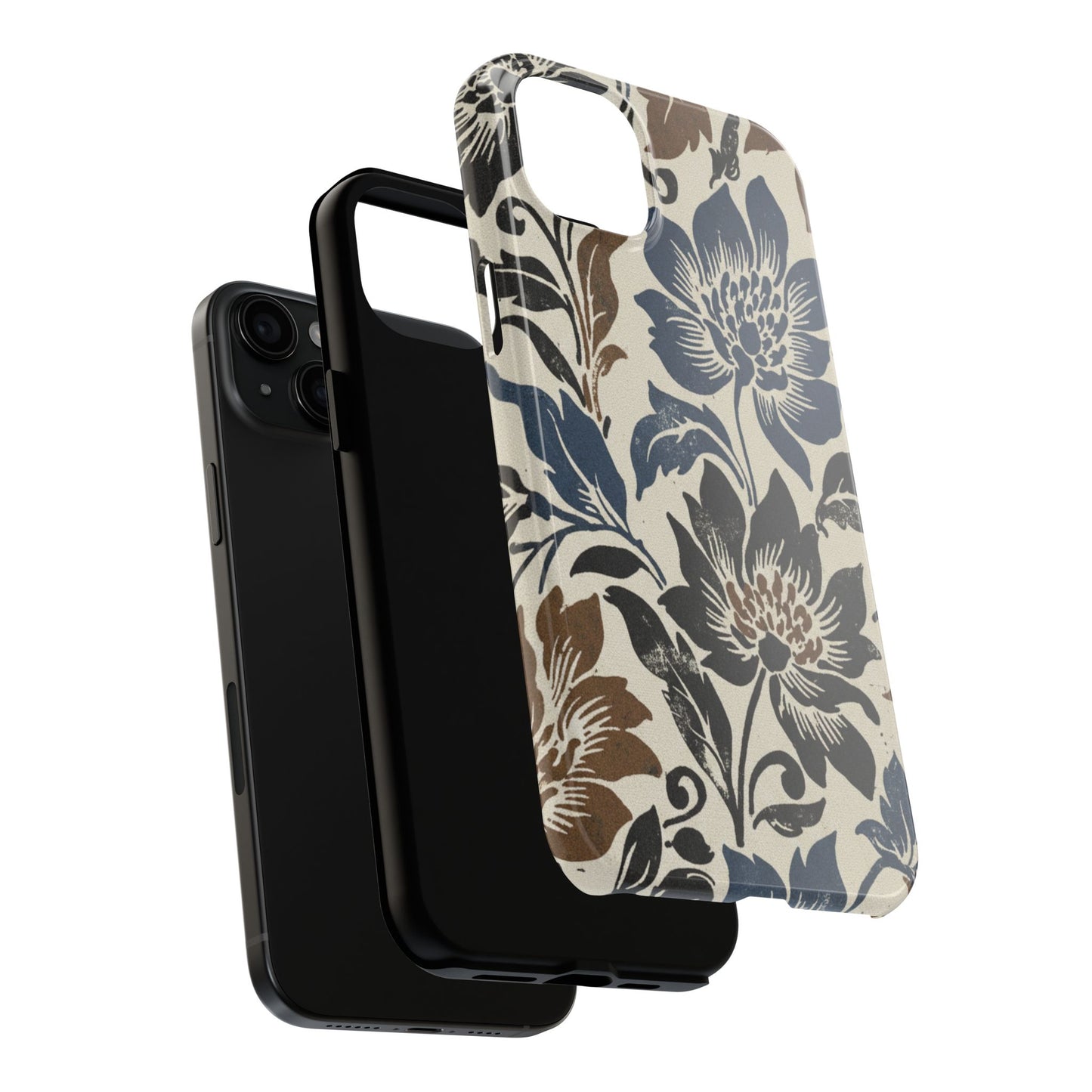 Floral Vintage Tough Phone Case — Blue & Brown Botanical Protection