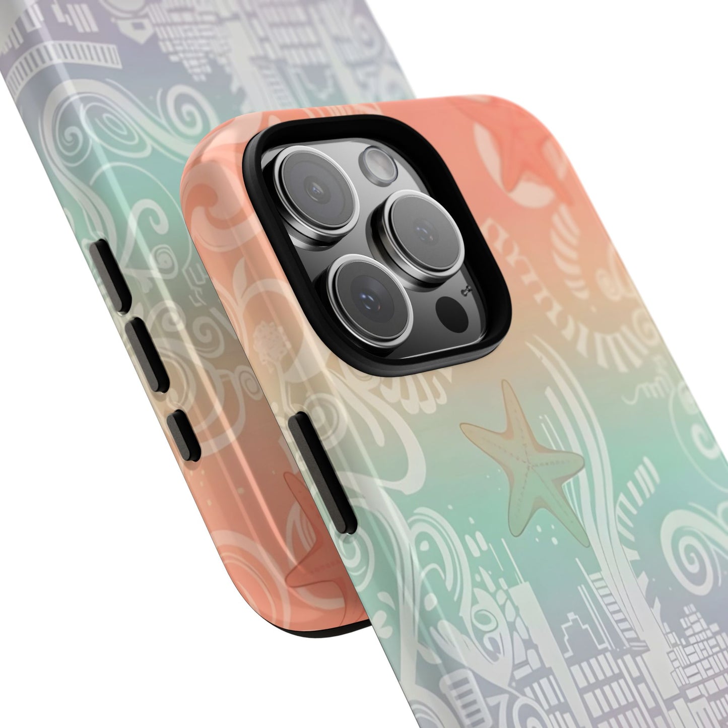 Tough Cases: Pastel Beach Pattern Phone Case — Starfish & Coastal Cityscape Protective Cover
