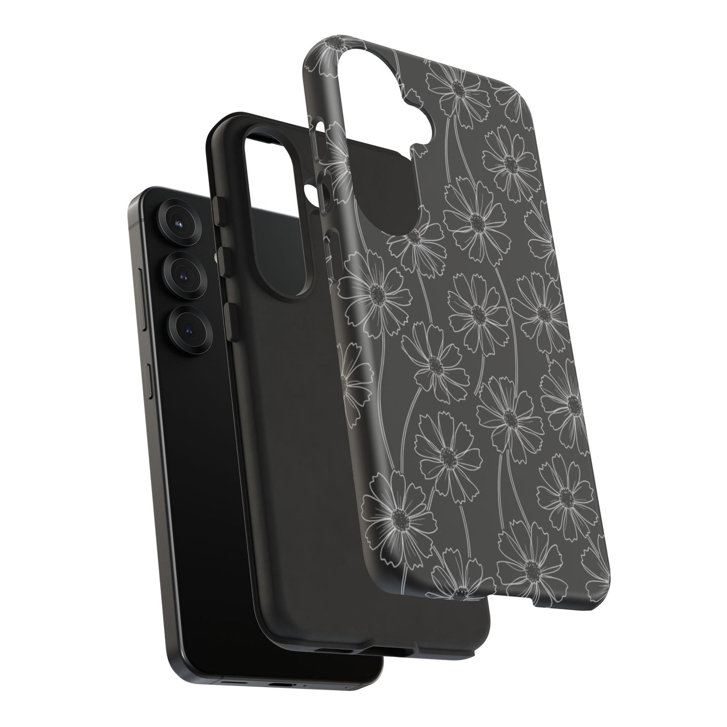 Floral Doodle Tough Phone Case — Black & Gray Daisy Pattern