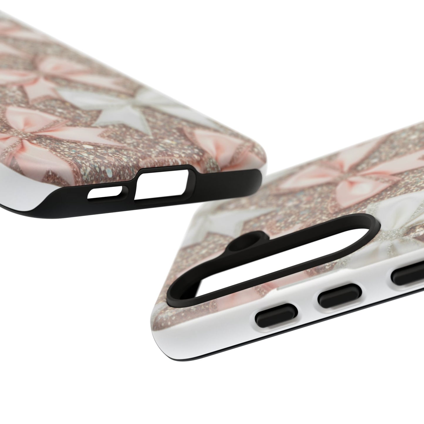 Glitter Bow Tough Phone Case — Pink & White Ribbon Protective Cover