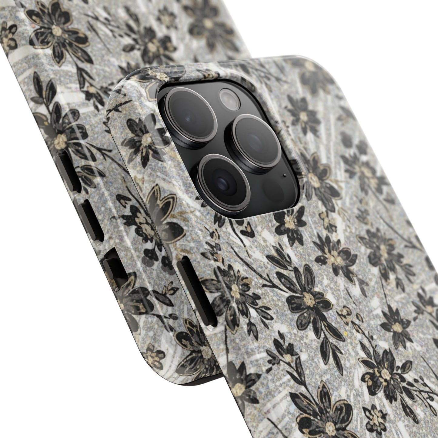 Floral Vintage Tough Phone Case — Black & Gray Rustic Flower Protective Case
