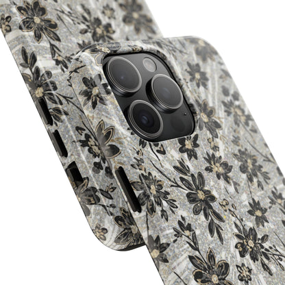 Floral Vintage Tough Phone Case — Black & Gray Rustic Flower Protective Case
