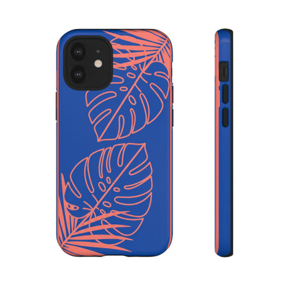 Tropical Monstera Phone Case — Blue & Coral Leaf Protective Cover