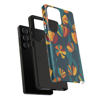 Floral Retro Teal Tough Phone Case — Vibrant Orange & Mustard Blooms
