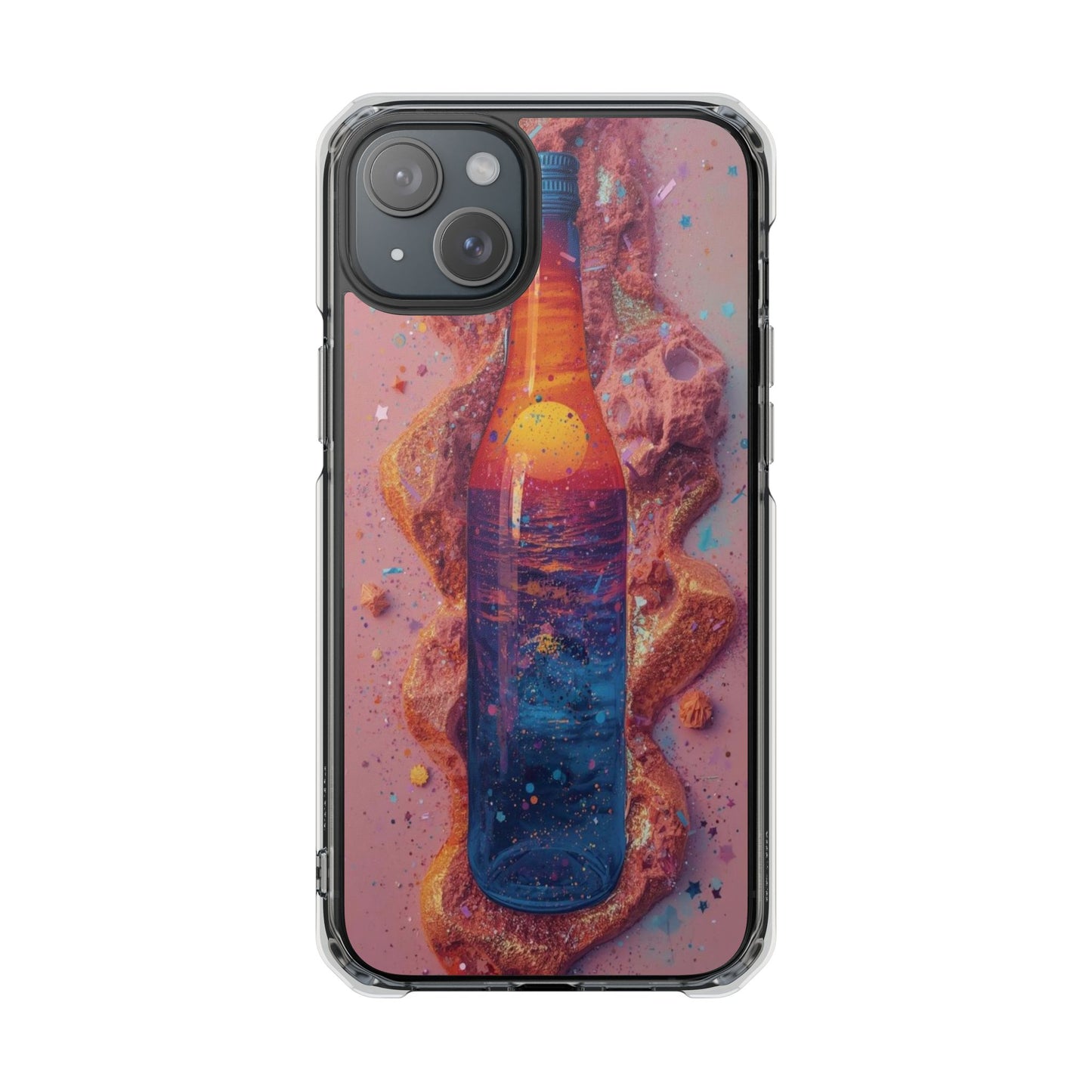 Clear Magnetic Phone Case — Cosmic Bottle Sunset Design