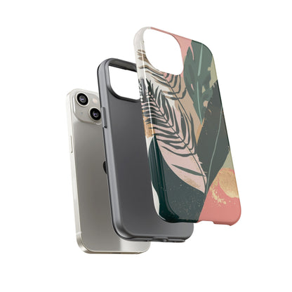 Tropical Leaf Tough Phone Case — Abstract Pink & Green Botanical Protective Cover