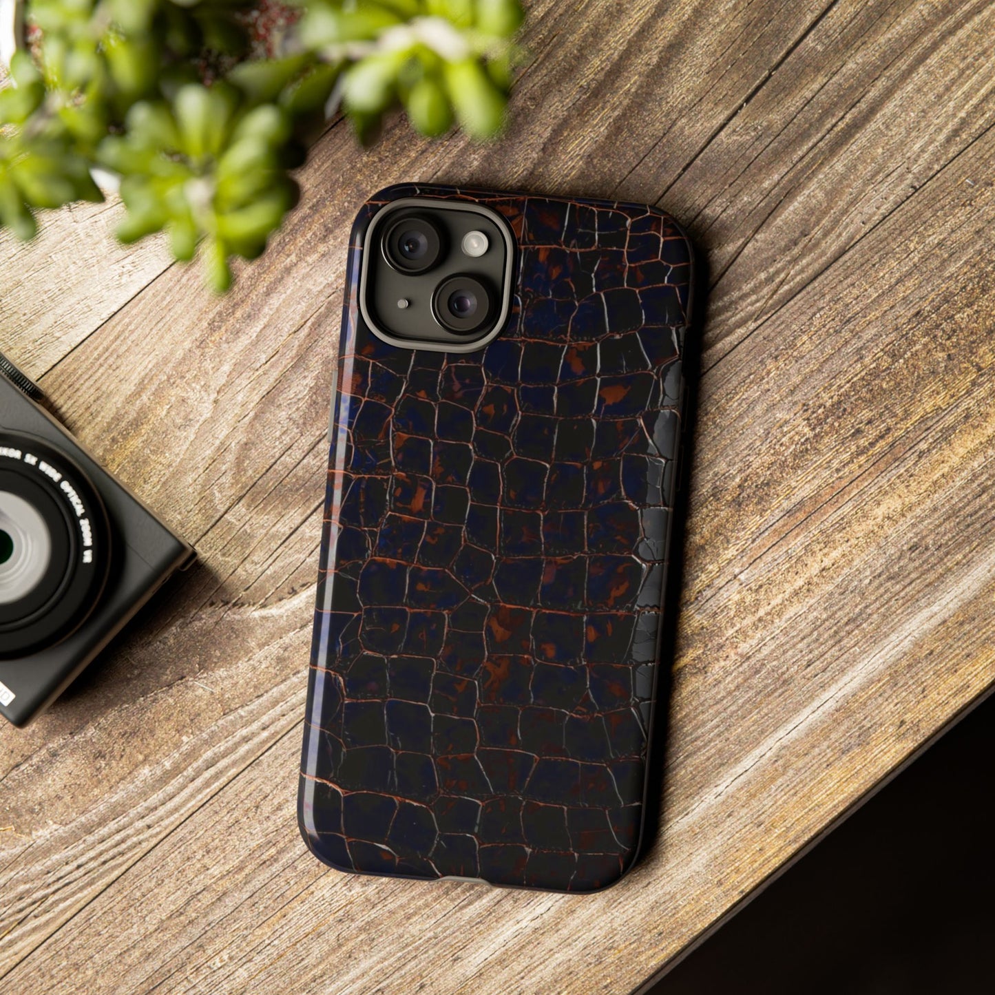 Croc-Embossed Tough Phone Case — Shockproof Black Alligator Texture