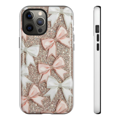 Glitter Bow Tough Phone Case — Pink & White Ribbon Protective Cover