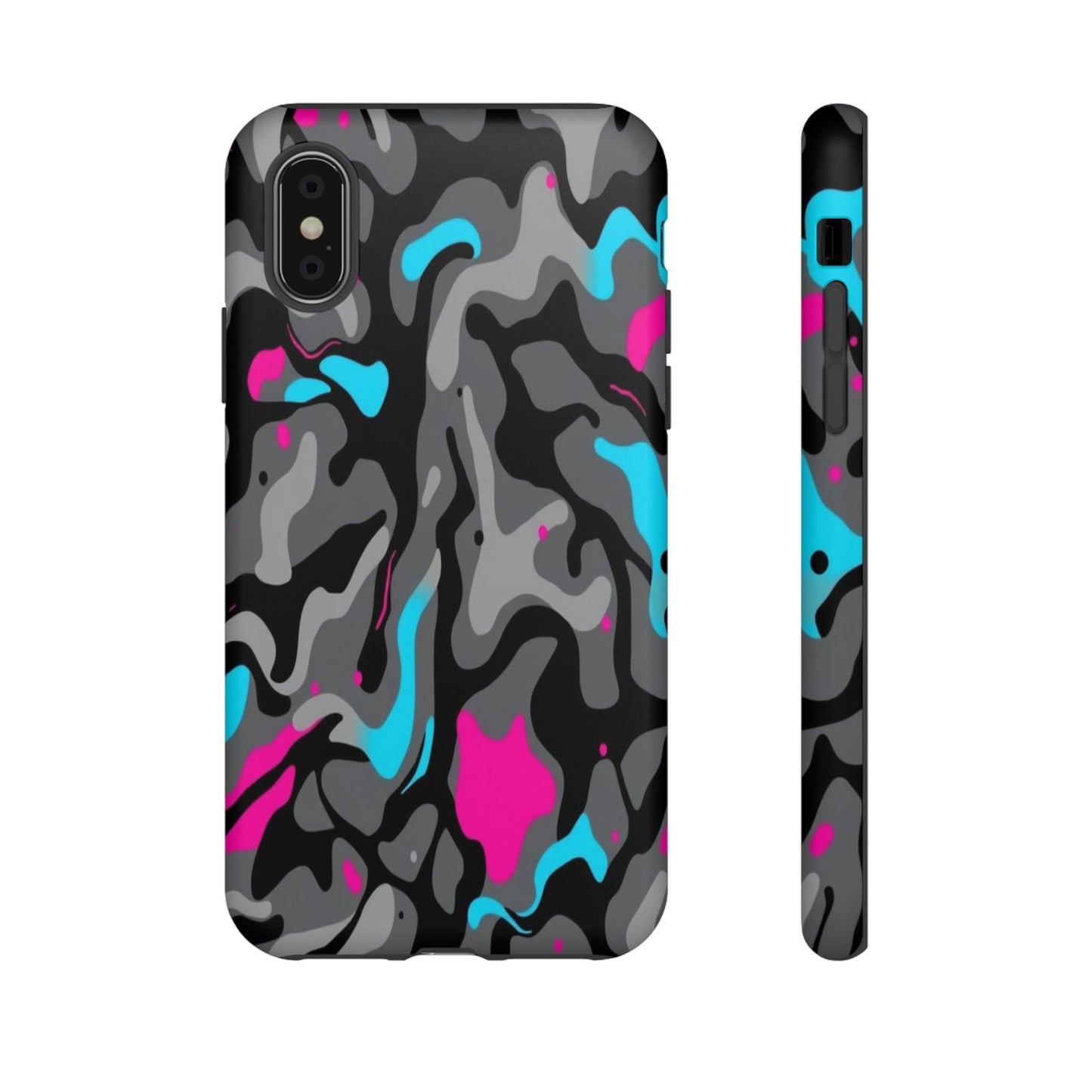 Camouflage Phone Case — Gray Camo with Neon Pink & Cyan Accent Tough Protective Cover