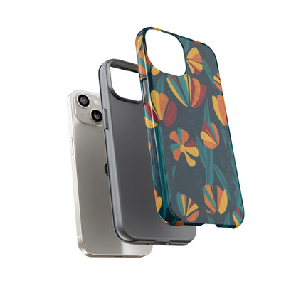 Floral Retro Teal Tough Phone Case — Vibrant Orange & Mustard Blooms