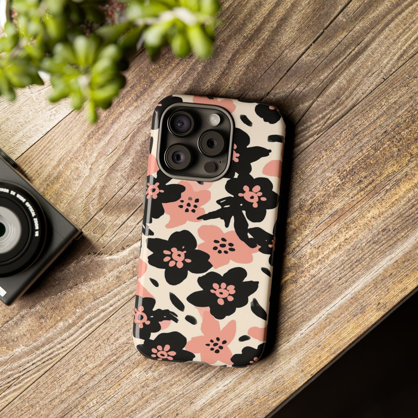 Floral Phone Case — Pink & Black Retro Blossom Protective Cover
