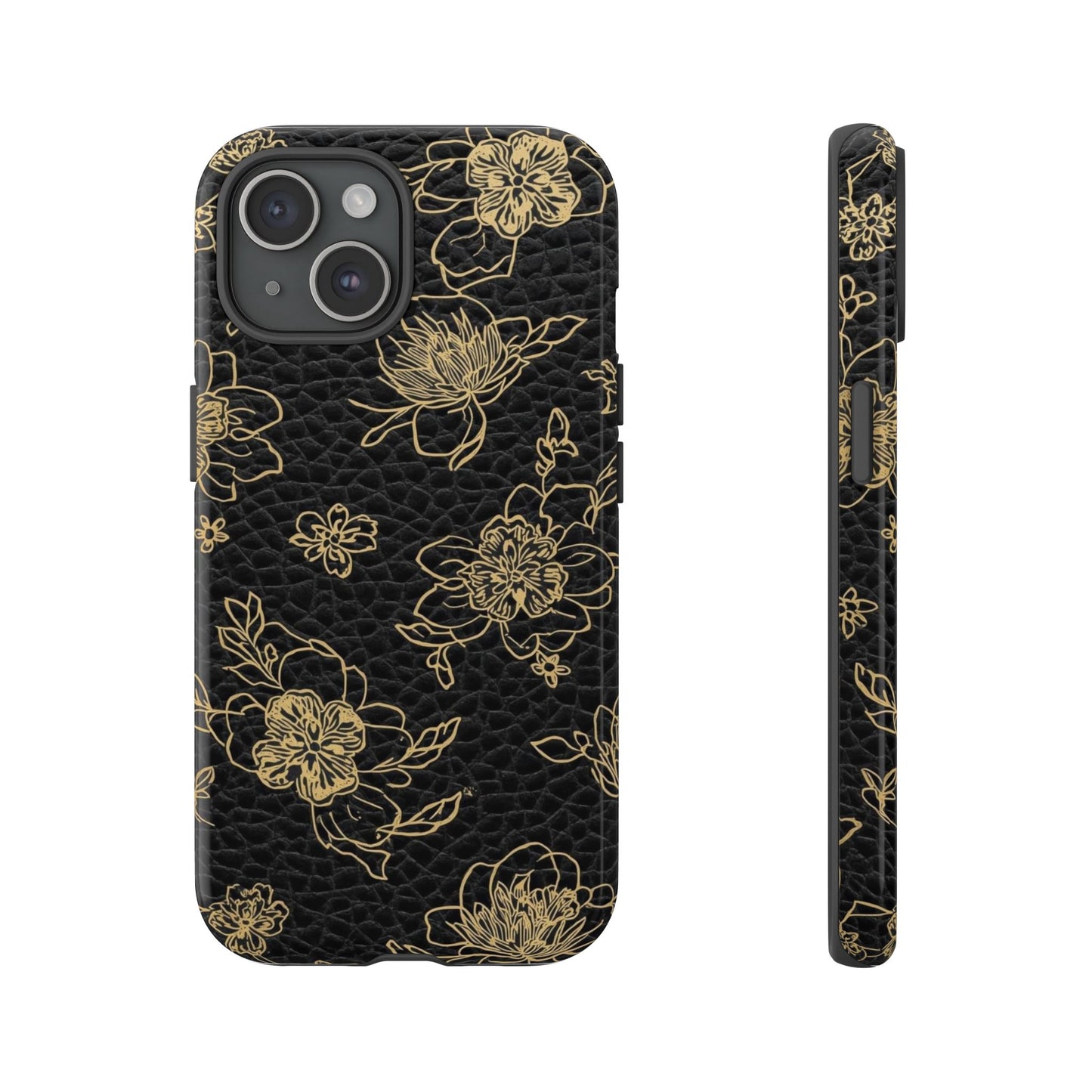 Floral Leather Phone Case — Gold Outline Flowers on Black Tough Case