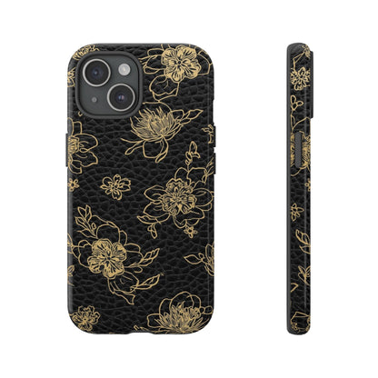 Floral Leather Phone Case — Gold Outline Flowers on Black Tough Case