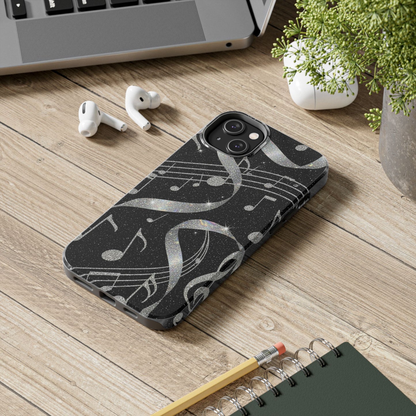 Musical Notes Tough Phone Case – Glitter Black Musician Phone Cover