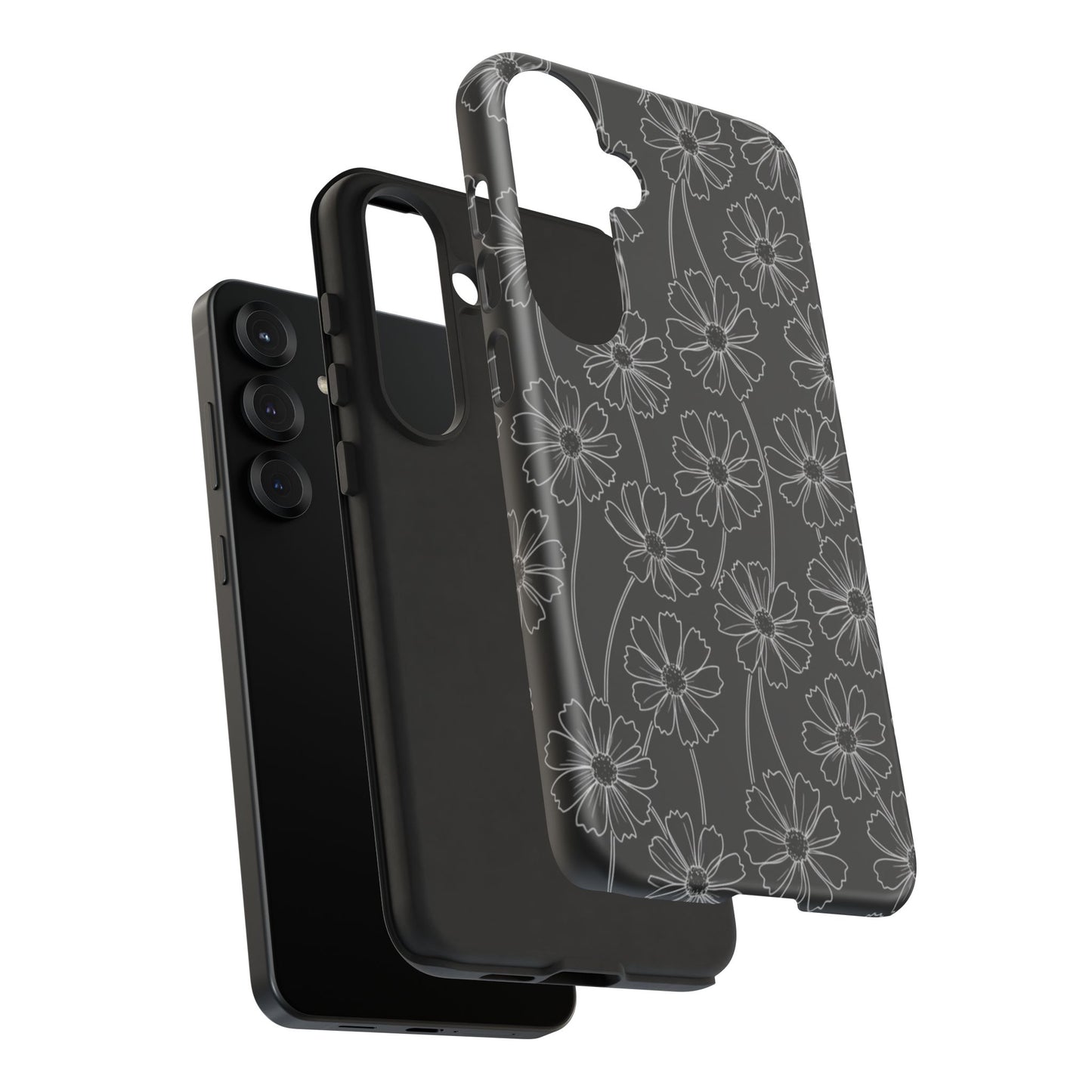 Floral Doodle Tough Phone Case — Black & Gray Daisy Pattern