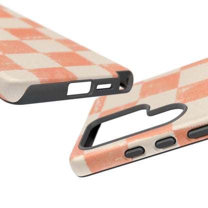 Peach Checkerboard Tough Phone Case — Retro Distressed Grid Design