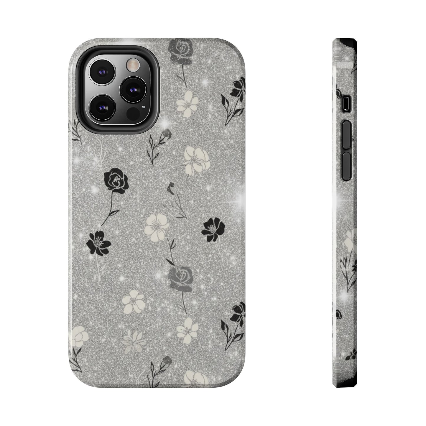 Floral Glitter Tough Phone Case — Black & Silver Vintage Flower Protective Cover