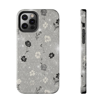 Floral Glitter Tough Phone Case — Black & Silver Vintage Flower Protective Cover