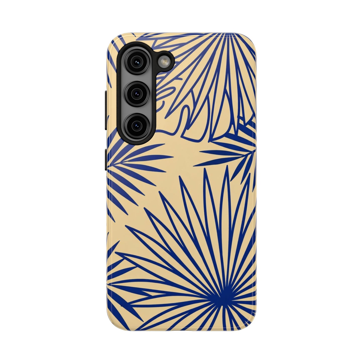 Tropical Palm Pattern Tough Phone Case — Navy Blue Fan Leaves on Sand