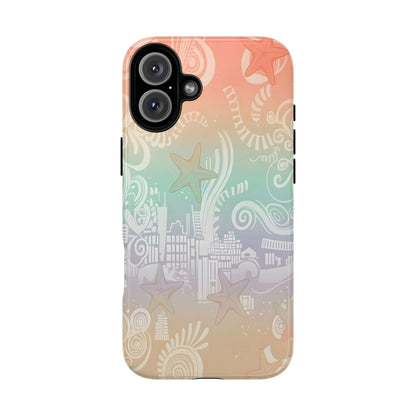 Tough Cases: Pastel Beach Pattern Phone Case — Starfish & Coastal Cityscape Protective Cover