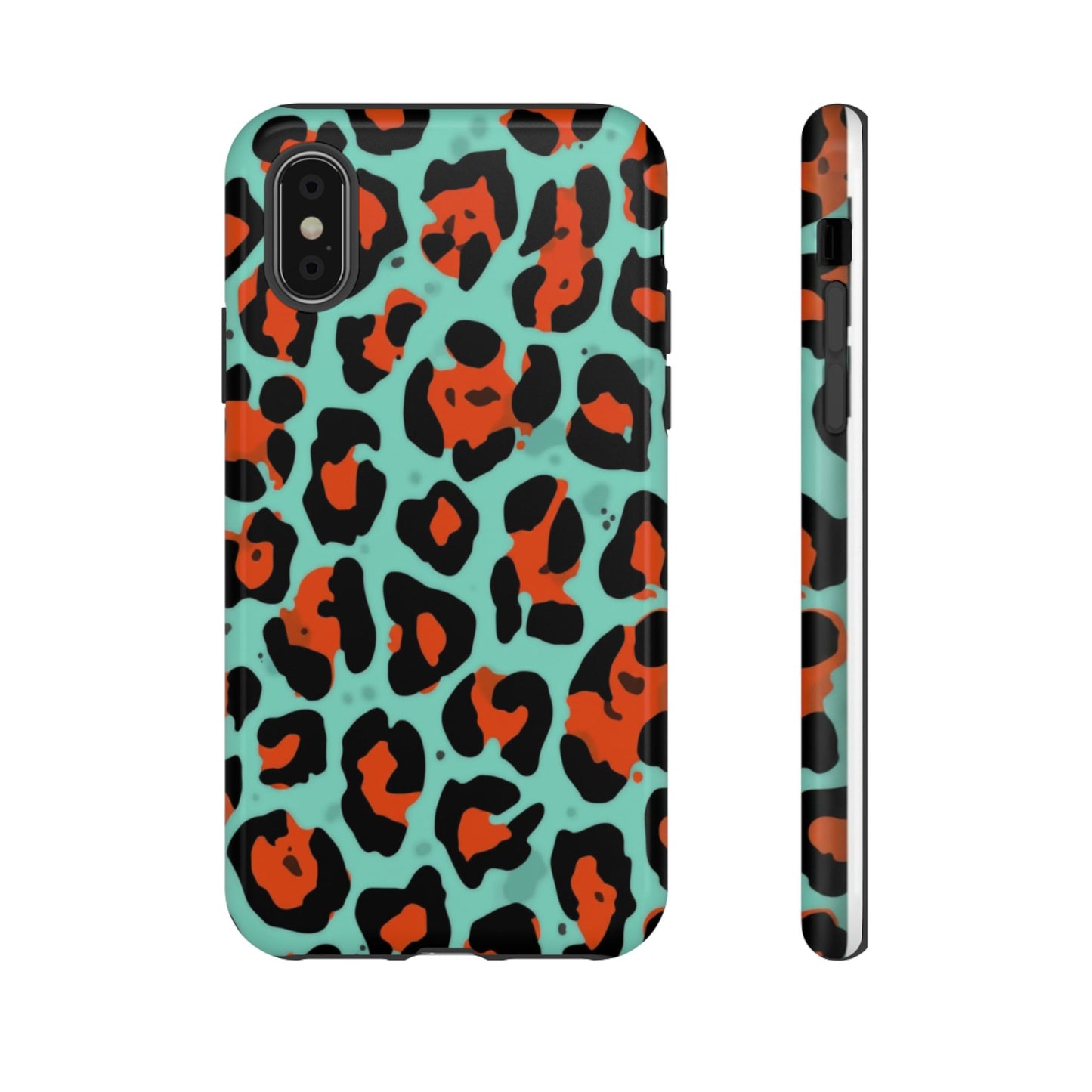Leopard Print Tough Phone Case — Teal & Rust Protective iPhone Cover