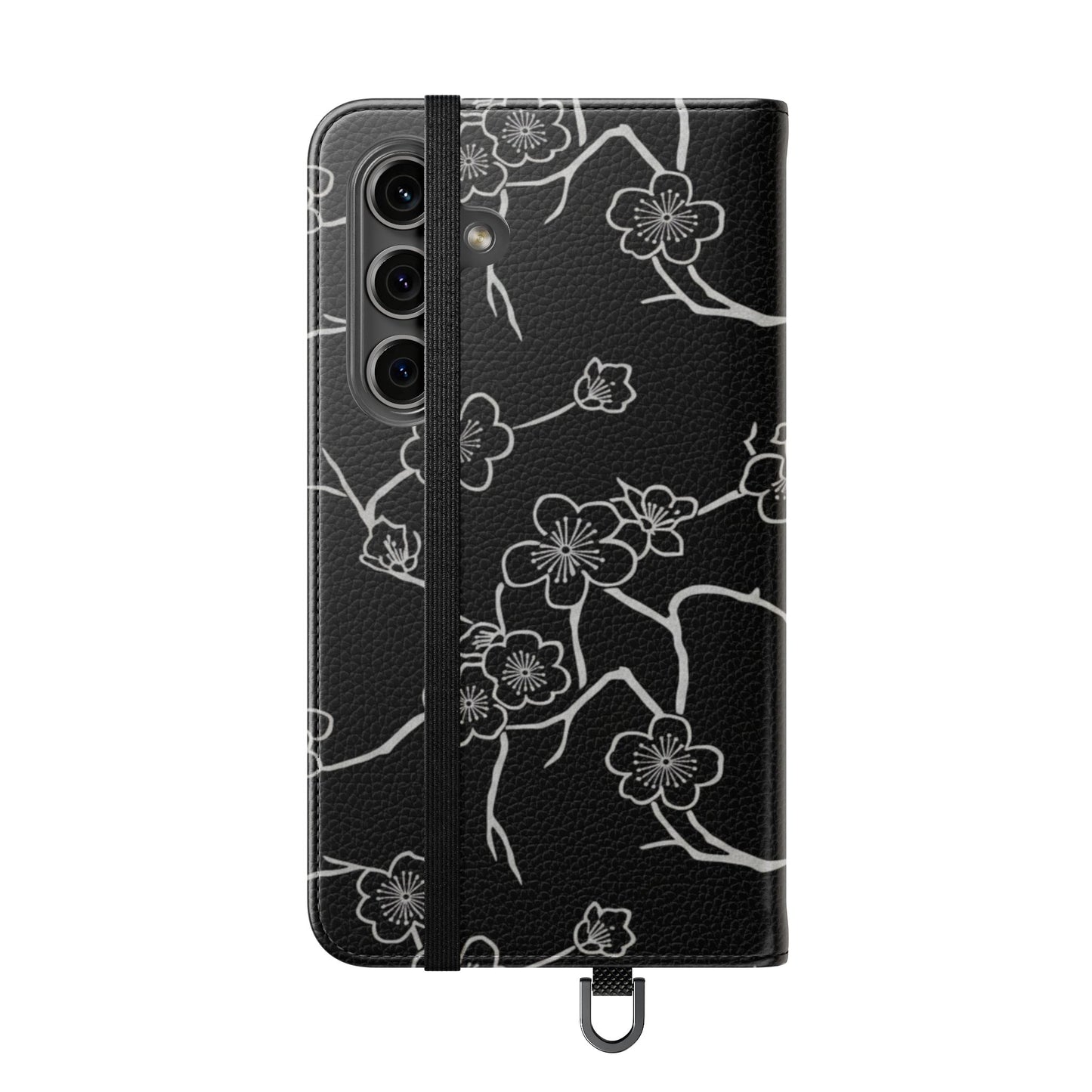 Black Cherry Blossom Flip Phone Case – Floral Wallet Flip Case with Card Slots