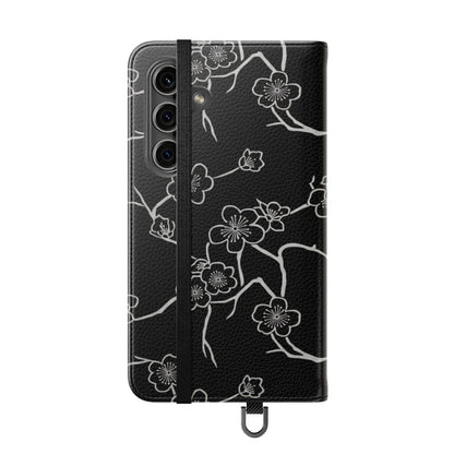 Black Cherry Blossom Flip Phone Case – Floral Wallet Flip Case with Card Slots