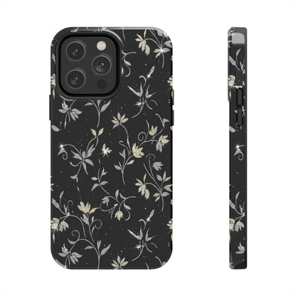 Floral Noir Tough Phone Case — Vintage Black Botanical Protective Cover