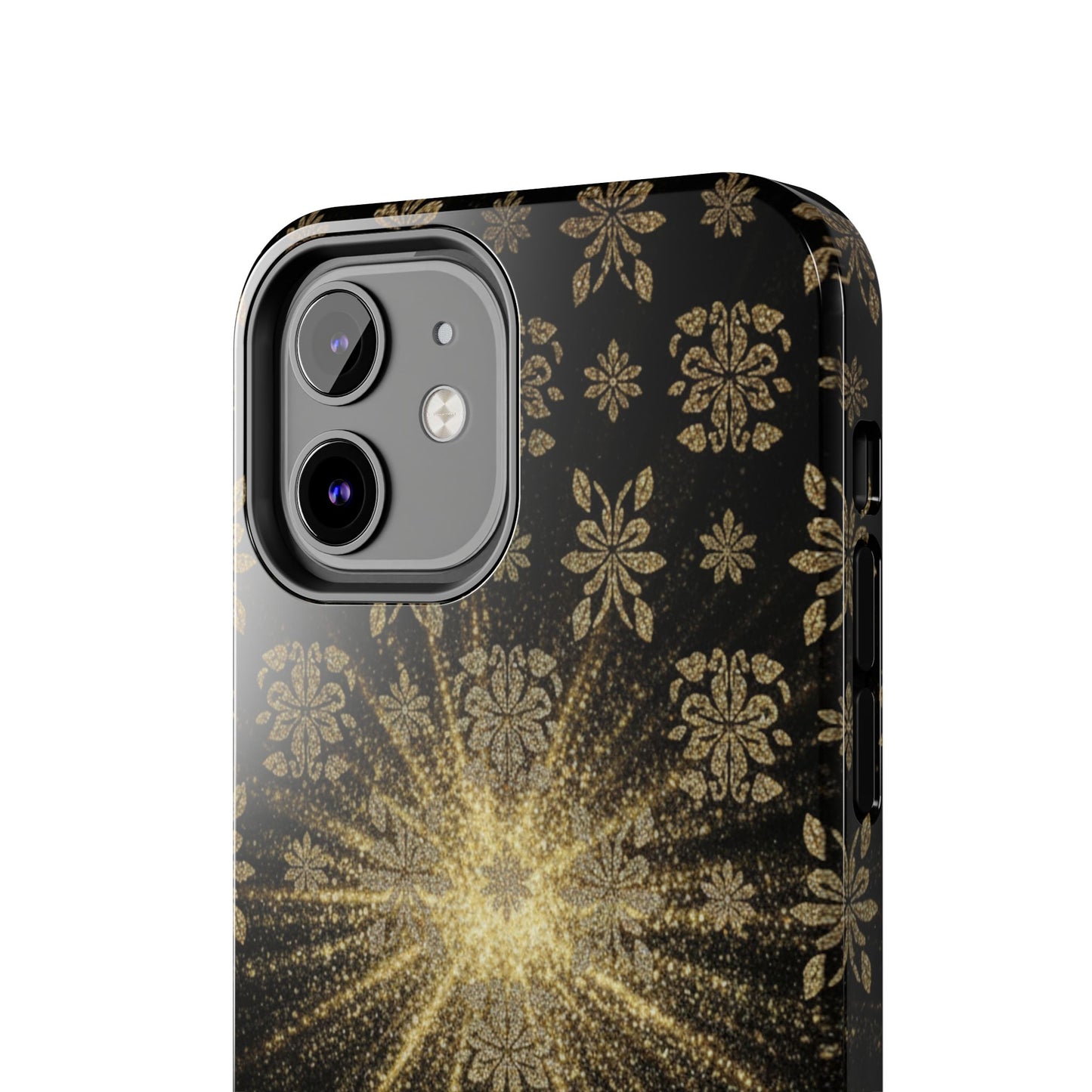 Glitter Burst Tough Phone Case — Black & Gold Floral Protective Cover