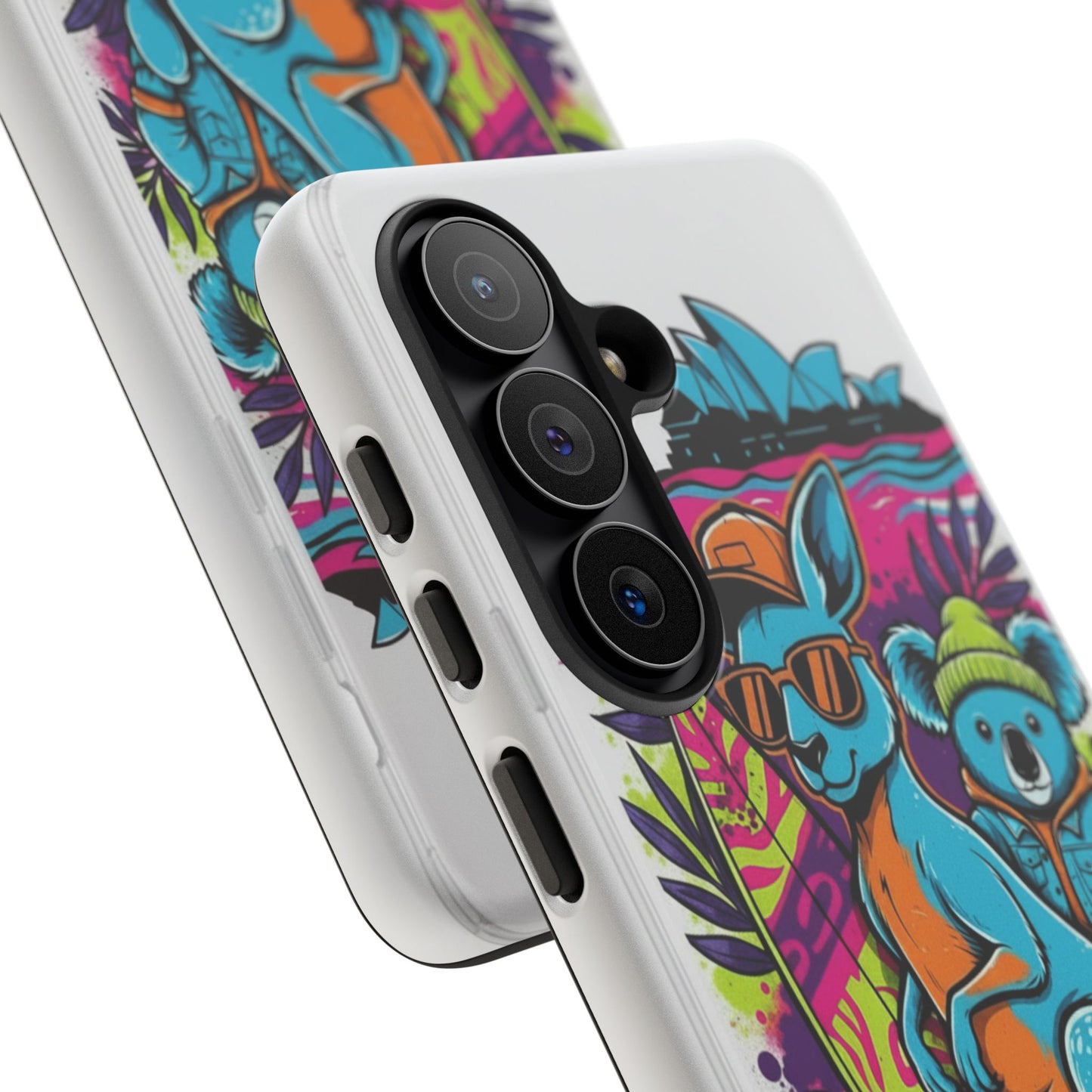 Kangaroo & Koala Surf Phone Case — Retro Neon Beach Art Tough Case