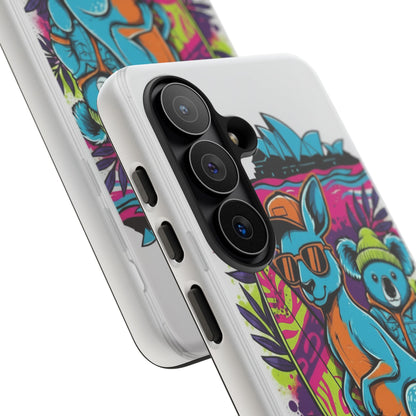 Kangaroo & Koala Surf Phone Case — Retro Neon Beach Art Tough Case