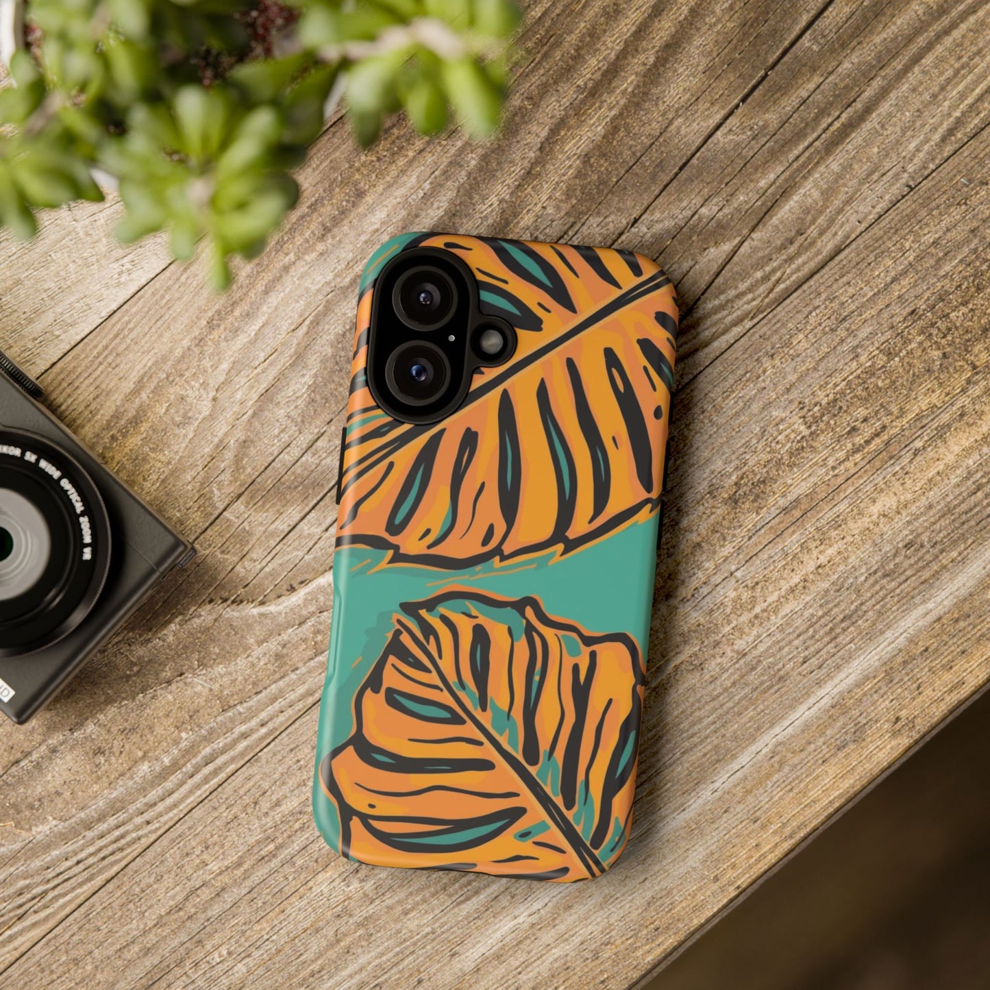 Tropical Leaf Tough Phone Case — Orange Monstera Design on Teal