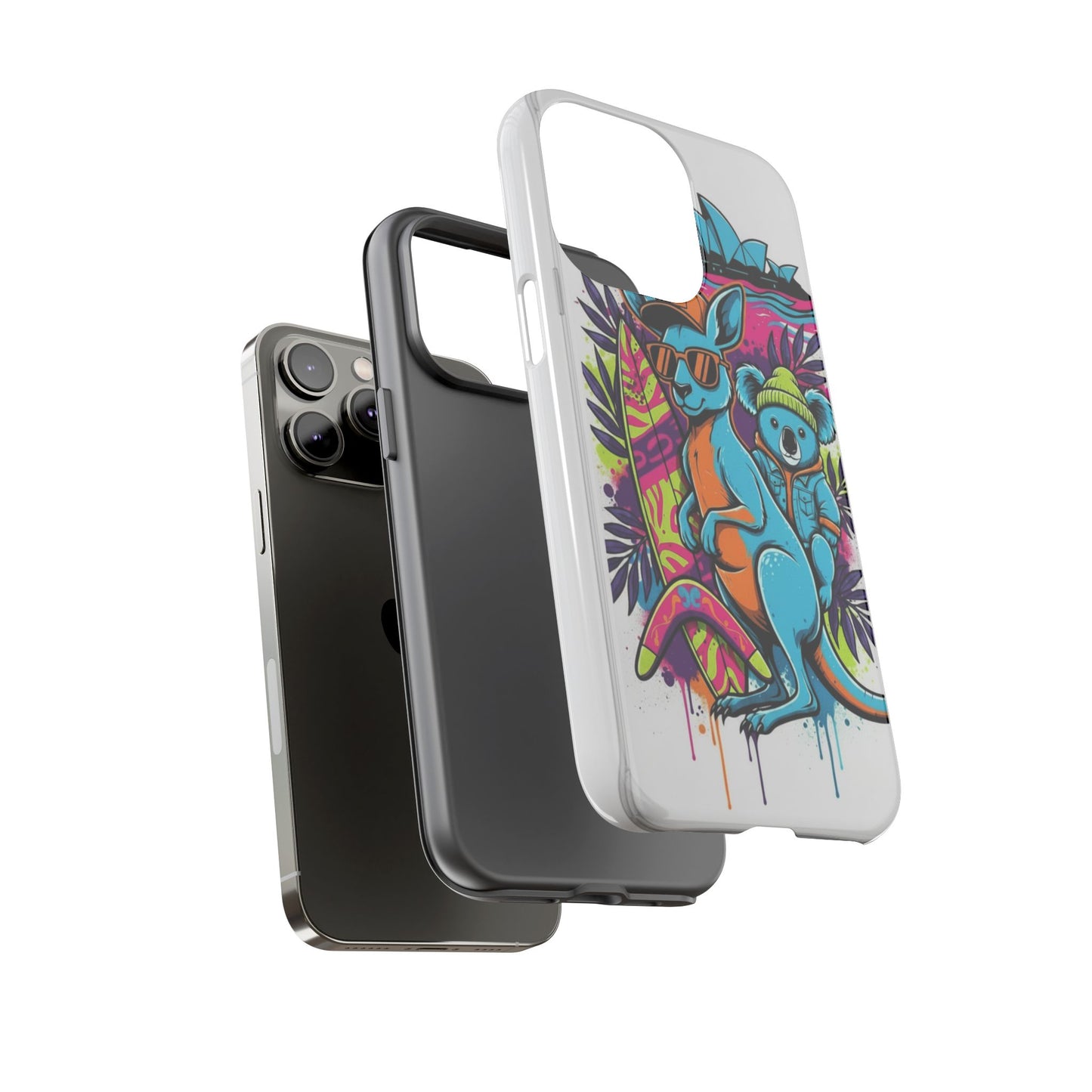 Kangaroo & Koala Surf Phone Case — Retro Neon Beach Art Tough Case