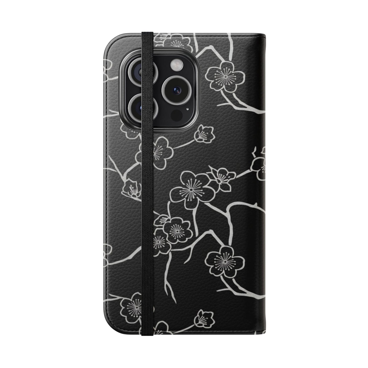 Black Cherry Blossom Flip Phone Case – Floral Wallet Flip Case with Card Slots