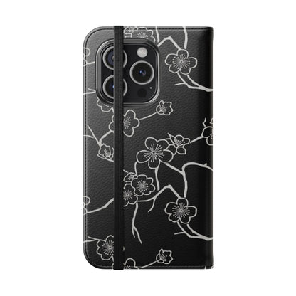 Black Cherry Blossom Flip Phone Case – Floral Wallet Flip Case with Card Slots