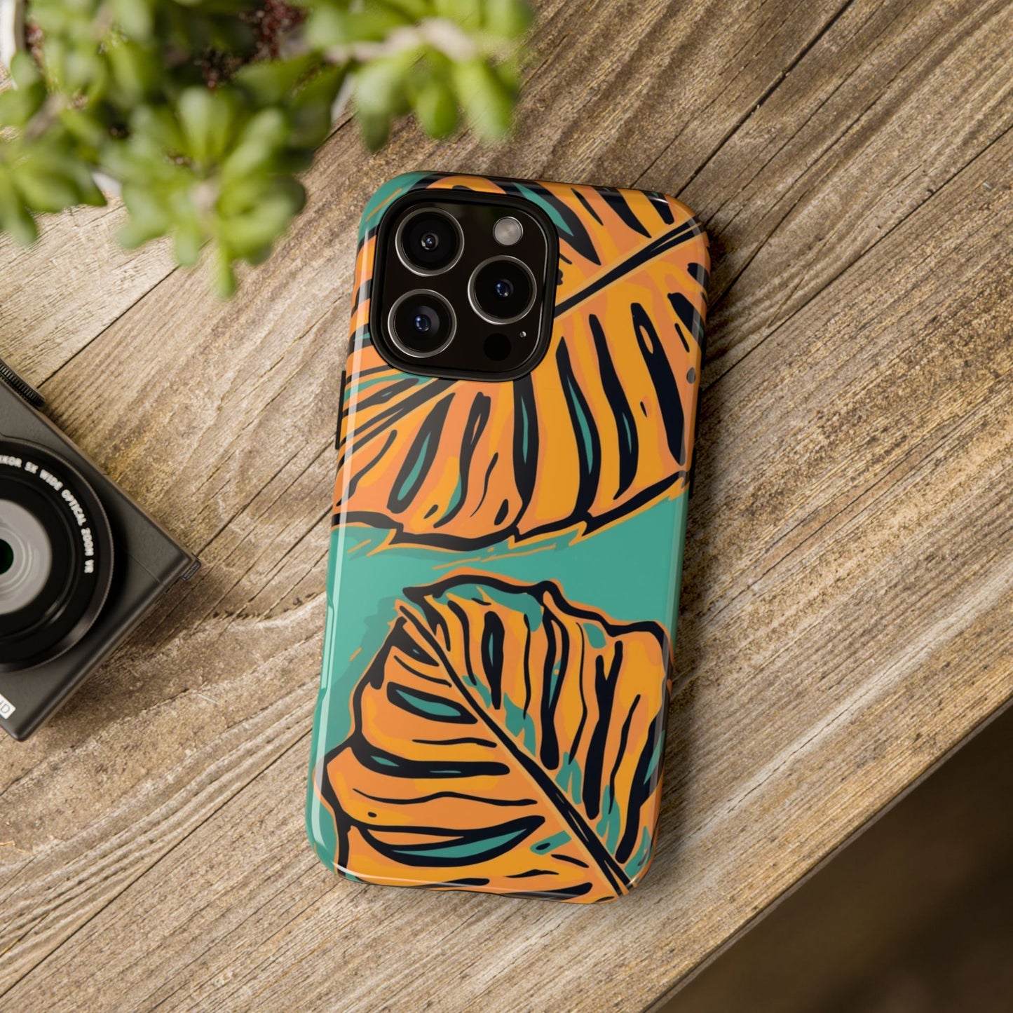 Tropical Leaf Tough Phone Case — Orange Monstera Design on Teal