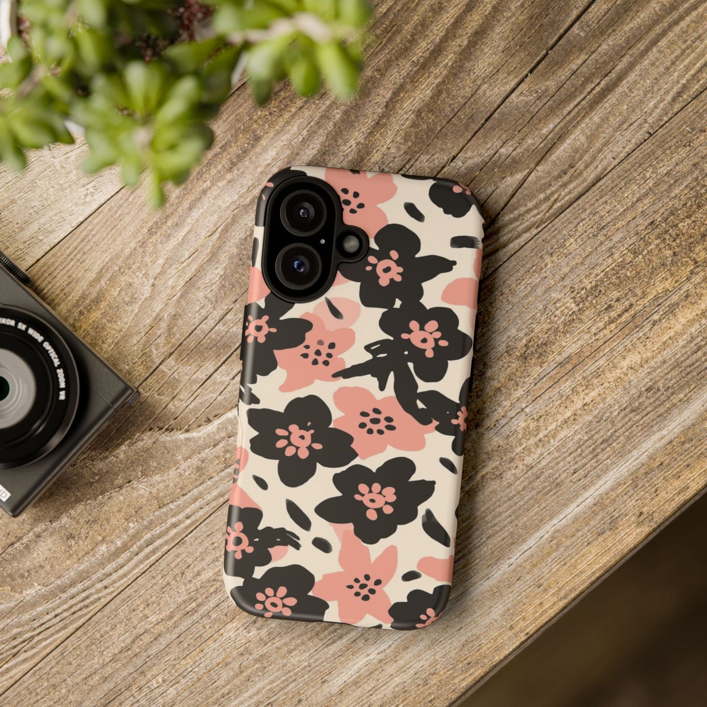 Floral Phone Case — Pink & Black Retro Blossom Protective Cover