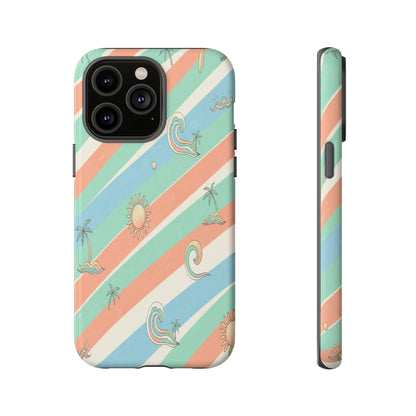 Retro Beach Stripes Phone Case — Sun, Waves & Palm Pattern Tough Case