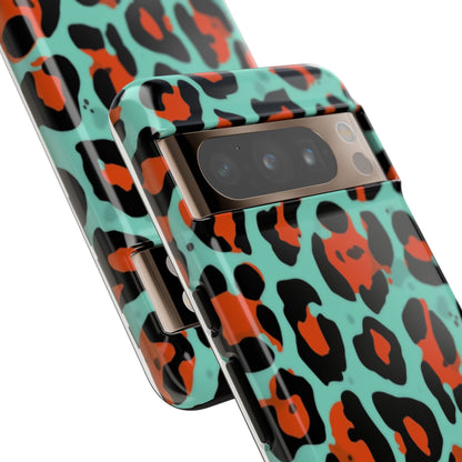 Leopard Print Tough Phone Case — Teal & Rust Protective iPhone Cover
