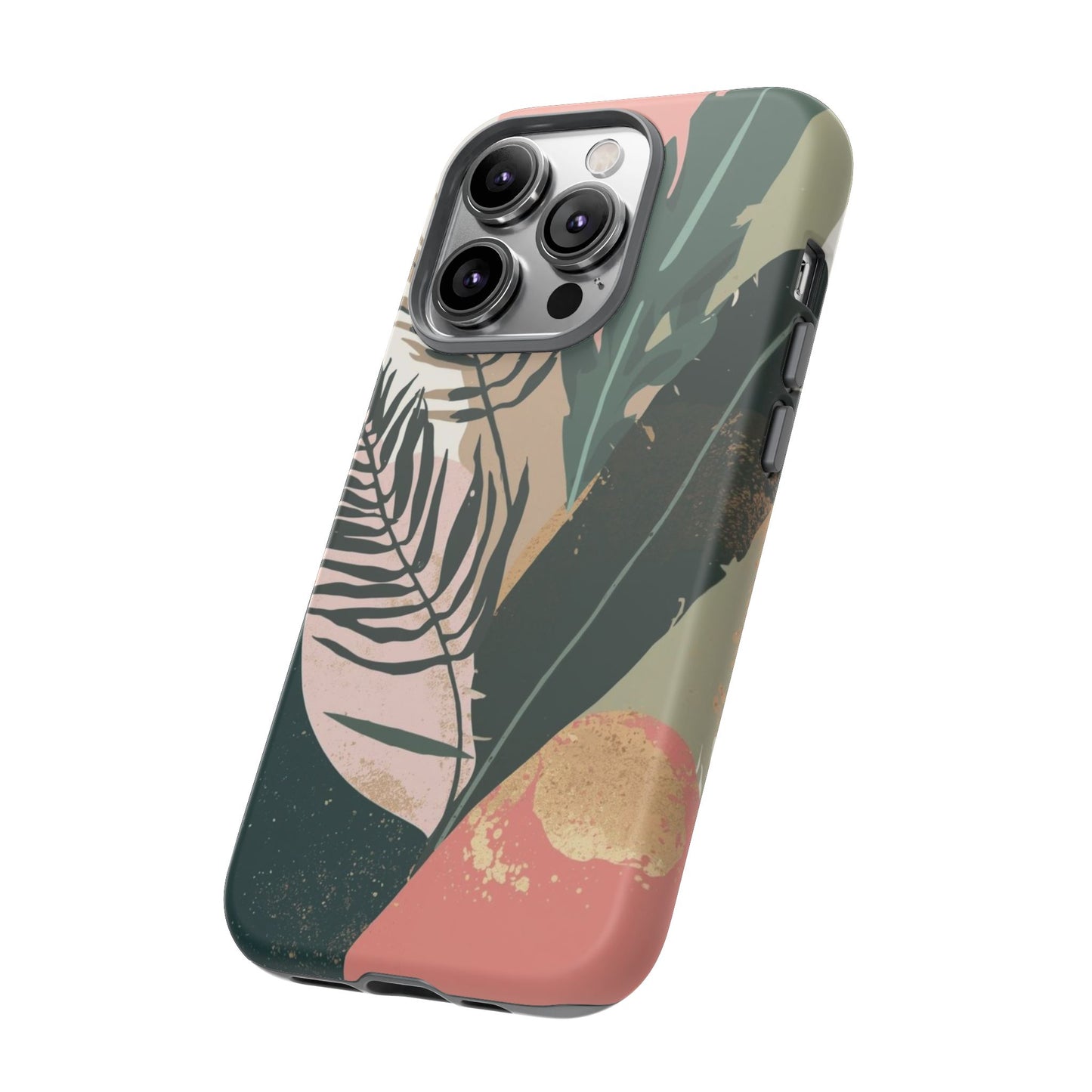 Tropical Leaf Tough Phone Case — Abstract Pink & Green Botanical Protective Cover