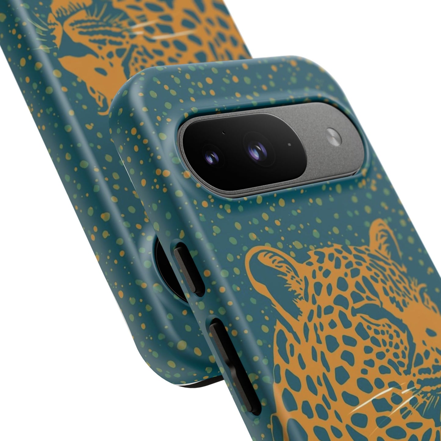 Leopard Spotlight Phone Case — Teal Gold Animal Print Protective Cover