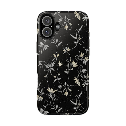 Floral Noir Tough Phone Case — Vintage Black Botanical Protective Cover