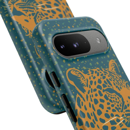 Leopard Print Tough Phone Case — Gold Panther on Teal, Protective iPhone Cover