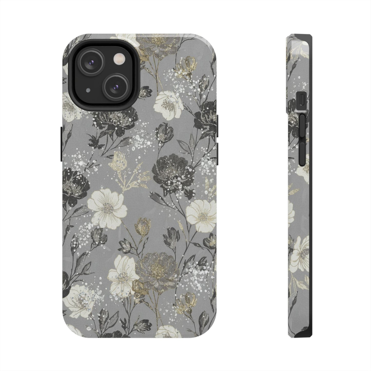 Floral Gray Tough Phone Case — Elegant Protective Phone Cover with Gold Accent