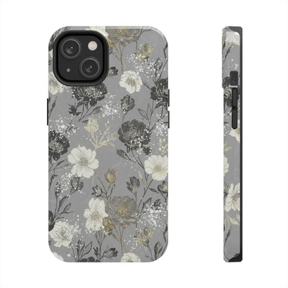 Floral Gray Tough Phone Case — Elegant Protective Phone Cover with Gold Accent