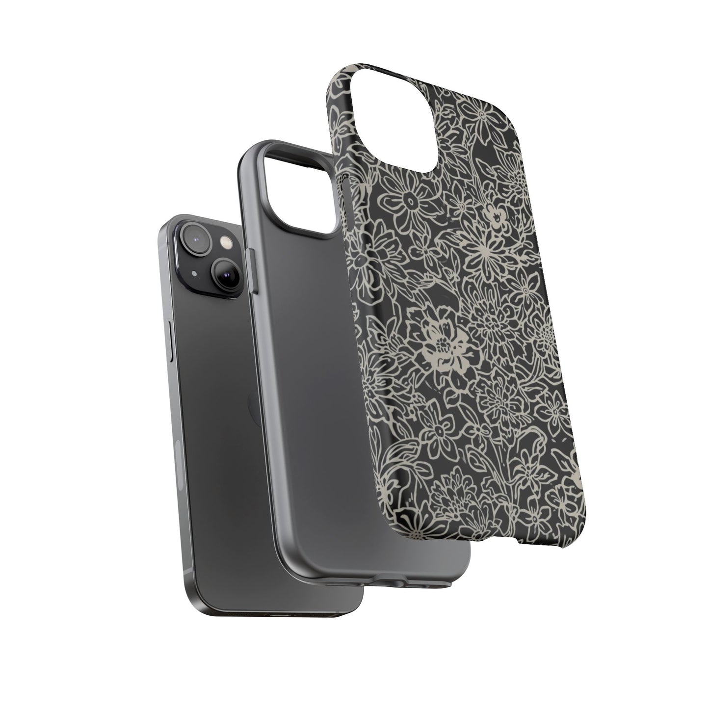 Floral Doodle Tough Phone Case — Black & White Sketch Flower Protective Cover
