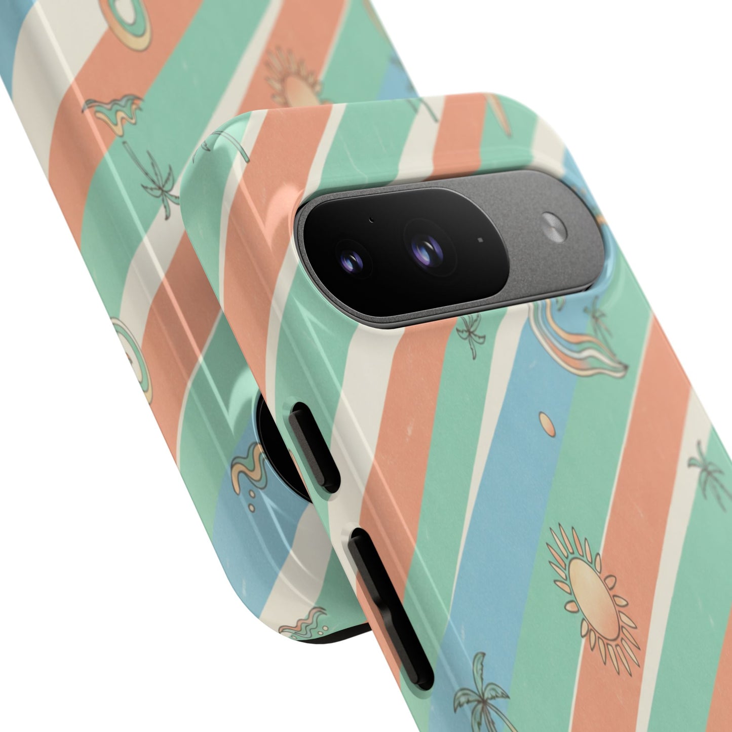 Retro Beach Stripes Phone Case — Sun, Waves & Palm Pattern Tough Case