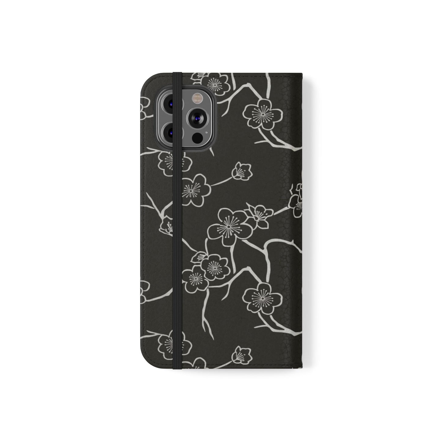 Black Cherry Blossom Flip Phone Case – Floral Wallet Flip Case with Card Slots