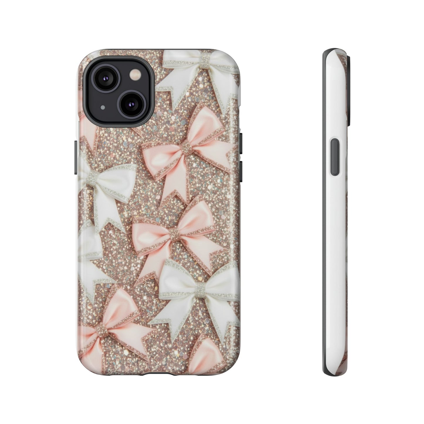 Glitter Bow Tough Phone Case — Pink & White Ribbon Protective Cover