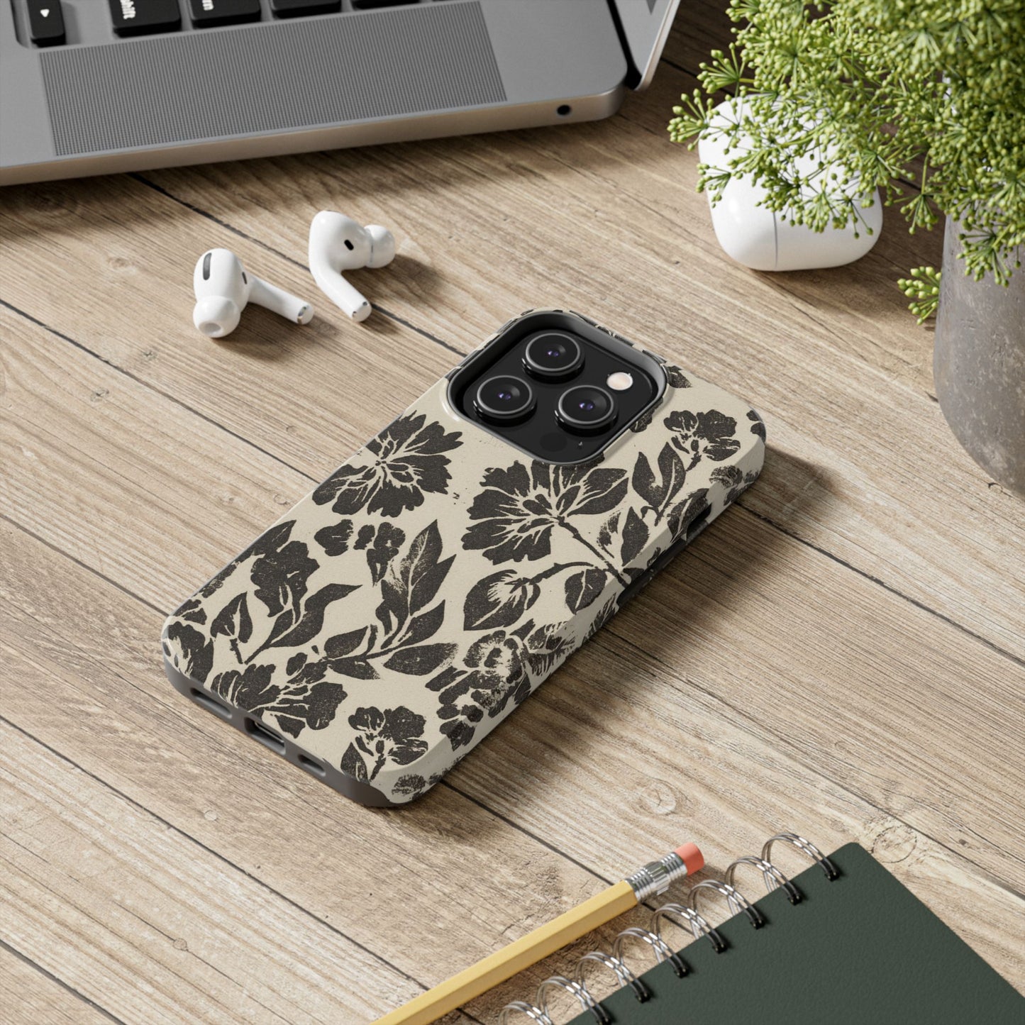 Floral Noir Tough Phone Case — Black Vintage Flower Protective Cover